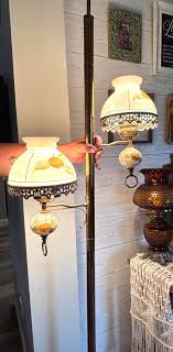 Antique Brass Tension Pole Lamp: Handpainted Milk Glass Peach Shades - Etsy