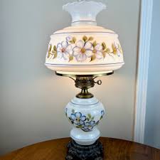 Vintage Large Blue Floral Blue Trim Hurricane Lamp