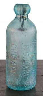 original and completely intact 1880's privy dug deep blue aqua hutchinson style soda bottle fabricated for f.c. lang in chicago, il