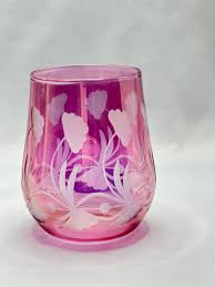 Glasses - Stemless Wine Fine Pink Egyptian Etched Glass ...