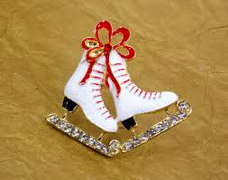 Ice skates brooch pin with white sparkle enamel, red enamel ...