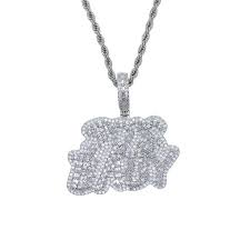 Iced Out Pendant Necklace Rectangle CZ Charm, Silver Color ...