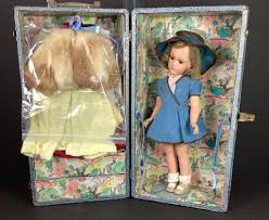 Lot - 17" vintage R&B all composition debuteen doll with large doll trunk full of vintage doll clothes and accessories. Human hair wig, sleep eyes and closed mouth. Wig is sparse in