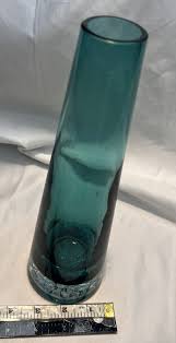 Vtg MCM Hand Blown Art Glass Teal Aqua Tapered Vase Clear ...