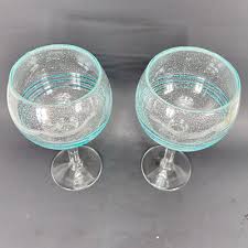 Pair of Blown Glass Wine Goblets Controlled Bubbles Clear w/ Applied Green Swirl | eBay