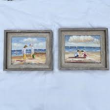 Pair Of Paintings Beach Scene With Children Ocean Sky ...