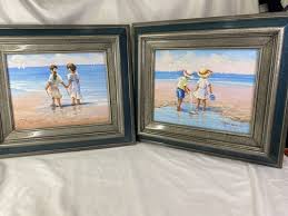 P Watkins Pair (2) Children On Beach Original Oil Paintings ...