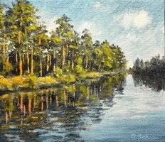 Pine trees by the river by Oleh Rak (2020) : Painting Oil on Canvas - Singulart