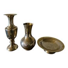 Vintage Indian Brass Vases and Bowl Set- 3 Pieces | Chairish