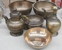 Lot - Four Southeast Asian Metal Bowls and Two Teapots, 19th ...