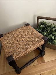 Vintage Rattan Stool Chamfered Legs Natural Woven Raffia ...