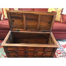 1960s Vintage Spanish Walnut Hinged Lid Trunk With Black Metal Handles | Chairish