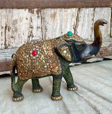 Vintage Elephant Figurine Statue Decor Wood Carved Animal Sculpture Mahout Statue Wooden Elephant Sculpture Vintage Style
