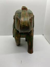Vintage Carved Wood Elephant Hammered Copper Brass and Bovine Bone Inlay. Green. | eBay