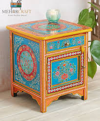 Hand-painted Bedside Table: Floral Peacock Accent Cabinet ...