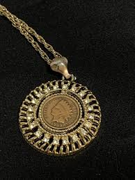 Vintage 1909 Indian Head Penny Gold Tone, Rhinestone Pendant ...