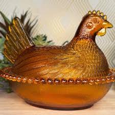 MCM Vintage Indiana Glass Company Golden Amber Glass *stippled Base* Hen on Nest Candy Nut Dish - Etsy