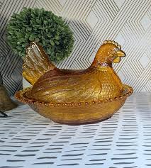MCM Vintage Indiana Glass Company Honey Amber Glass Hen on Nest Candy Nut Dish - Etsy Israel