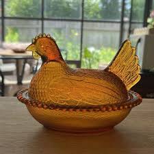 Vintage Amber Glass Hen on Nest Dish – Rare Stippled Base - Etsy