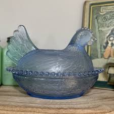 VINTAGE Indiana Glass Light Blue Covered Chicken on Nest Candy Dish Blue Hen | eBay
