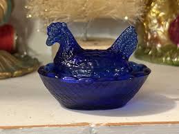 TINY Cobalt Blue Glass Chicken Hen on Nest 2 piece set only ...