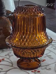 Vintage Indiana Glass Amber Flared Large Diamond Point 2 pc. Pedestal Fairy Lamp | Distinctive Vintage