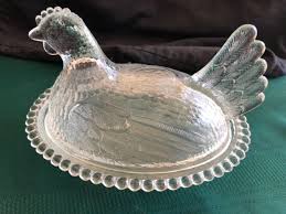 Candy Dish Chicken HEN ON A NEST Covered 7" Vintage Pretty Clear Glass | eBay