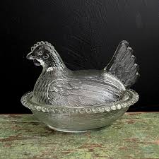 Vintage Chicken Dish Clear Glass Hen on Nest Covered Dish ...