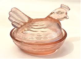 Indiana Pink Glass Chicken Hen Roaster On Nest Basket ...