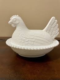Vintage White Milk Glass Chicken Hen On Nest Two Piece Candy ...