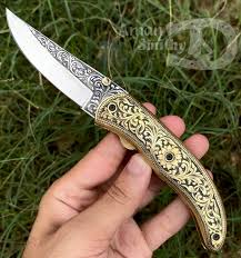 Handmade D2 Steel Folding Knife: Engraved Brass Handle ...