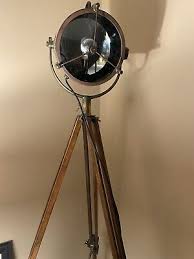 Vintage Nautical Brass Lamp Spotlight Wooden Tripod Stand Searchlight FB280D | eBay