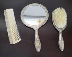 Vintage 3 Piece Vanity Set Mirror Brushes Comb Silver Tone ...