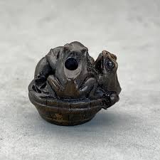 One Teakwood Ojime : Frog Playing Flute on a Lily Pad, Very ...