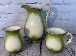 RARE HOMER LAUGHLIN 3 Pc Green Gold Toiletry Set Bridal Shape 1902-14 7077 | eBay