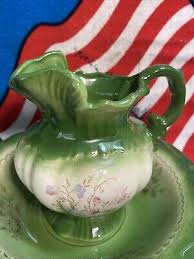 1975 Arners Green Pitcher & Bowl with Pink Flower vintage Dark Green | eBay