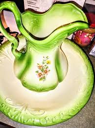 Antique England Ironstone 1890 Pitcher & Basin Bowl, Green & White Floral Design | eBay