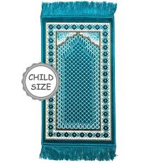 Child Velvet Islamic Prayer Rug - Lattice Vine Geometric Border - Turq