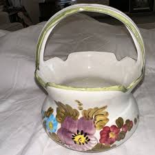 Italian Pottery Basket with Handle Made in Italy - green trim and flower design | eBay