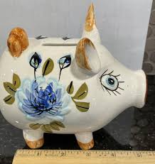 Vintage Hand Painted Painted Ceramic Pig Piggy Bank Blue ...