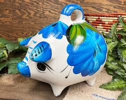 Painted Mexican Pottery Piggy Bank -Blue - Mission Del Rey ...