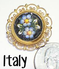 Vintage Signed ITALY Micro Mosaic Round Blue Flowers Pin GT ...