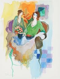 Lot - Itzchak Tarkay (1935-2012): Two Women Seated at a Table