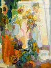 Sold at Auction: Monique Baroni, Baroni, Monique (1930-2016) "Les Soleils" (Young woman arranging sunflowers), oil/canvas, sign. lower right, titl. verso on stretcher, 116x89cm (w.f. 133x105,5cm)