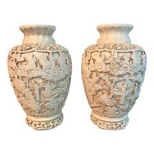 20th Century Asian Pottery Village Scene Carved Raised ...