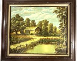 Vintage Oil Painting by J. Perrine – Rustic Cabin Landscape ...