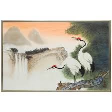 Two Cranes Original Watercolor on Silk by Poon Tai To at 1stDibs | taipoon, poontai, chinese stork painting