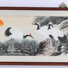Sold at Auction: Korean watercolor painting with five cranes representing family harmony. 14 1/4"H x 48 3/4"W (image), 21"H x 59 1/2"W (frame)