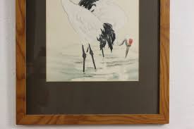 Red Crane Pair Vintage Original Watercolor Ink Painting 24"