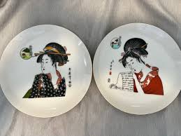 Vintage Japanese Kimono Geisha Oriental Porcelain Gold Trim Plate Lot Of 2 | eBay